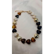 Lune Design Gold Detaylı Lacivert Kahverengi Mermer Desenli Kalp Kolye