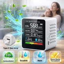 Multizone Hava Ölçüm Cihazı Sıcaklık Nem Dedektör Dijital Şarjlı Taşınabilir 5in1 Co2 Tvoc Hcho