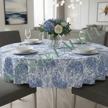 LOOM & LAUREL Yüksek Kaliteli Desenli Jakarlı Dokuma Kumaş Yuvarlak 160 x 160 Masa Örtüsü Mavi Ağırlıklı
