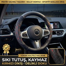 Valente Lusso Geçmeli Direksiyon Kılıfı Nakış Serisi Kırmızı Kılıfı - Kapitone Doku & Sportif Kavrama (38-40CM Universal)
