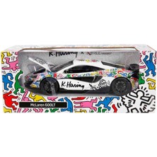 Oyuncak Vitrinim 1:32 Sesli ve Işıklı Rmz Hobby Keith Haring Serisi Die Cast Çek Bırak Model Araba - Beyaz Mclaren 600LT