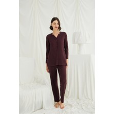 MOTTO10 Butik Uzun Kollu Boydan Düğmeli V Yaka Pijama Takımı