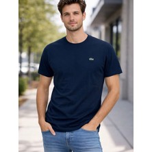 Aura Boutique Moda Erkek Lacivert Basic Timsah Logo Nakışlı Bisiklet Yaka Kısa Kollu Tişört