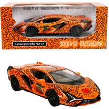 Oyuncak Vitrinim 1:32 Sesli ve Işıklı Rmz Hobby Keith Haring Serisi Die Cast Çek Bırak Model Araba - Turuncu Lamborghini Sian Fkp 37