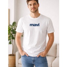 Aura Boutique Moda Erkek Beyaz Logo Baskılı Basic Bisiklet Yaka Pamuk T-Shirt