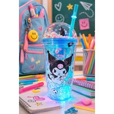 Biton Toptan Kuromi Suluk Pipetli Buzlu Cam Görünümlü LED Işıklı 450 ml Çift Katman Mika Su Şişesi 2647 Mavi