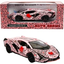 Oyuncak Vitrinim 1:32 Sesli ve Işıklı Rmz Hobby Keith Haring Serisi Die Cast Çek Bırak Model Araba - Pembe Lamborghini Sian Fkp 37