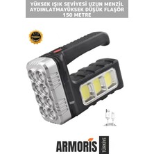 Armoris Yeni Seri 150 Metre 3 Modlu Mesafeli Işık USB Şarjlı Solar Panelli Ledli El Fener Aydınlatma