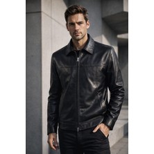 Viamod Leather Erkek Hakiki Deri Ceket Siyah Hakim Yaka Premium Slim Fit Gerçek Deri Mont Üretici Garantili