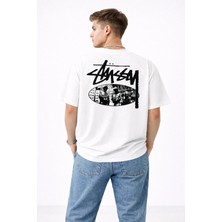 Camblys Unisex Stussy Ikili Adam Sırt Baskılı Oversize Kalın Kumaş Bol Kalıp Unisex T-Shirt