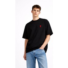 Camblys Unisex Ami Paris Klasik Küçük Kalp Ön Baskılı Oversize Kalın Kumaş Bol Kesim Pamuklu T-Shirt