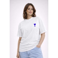 Camblys Unisex Kalp Desenli Ami Klasik Küçük Kalp Ön Baskılı Oversize Kalın Kumaş Bol Kesim Pamuklu T-Shirt