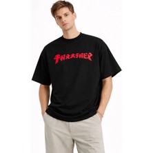 Camblys Trasher Kırmızı Yazı Ön Baskılı Oversize Kalın Kumaş Bol Kalıp T-Shirt