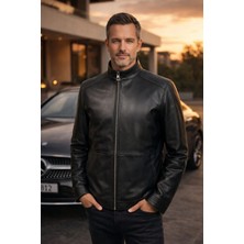 Viamod Leather Erkek Hakiki Deri Ceket Siyah Hakim Yaka Premium Slim Fit Gerçek Deri Mont Üretici Garantili