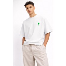 Camblys Unisex Ami Paris Klasik Küçük Kalp Ön Baskılı Oversize Kalın Kumaş Bol Kesim Pamuklu T-Shirt