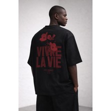 Camblys Unisex Vıvre La Vıe Çicek Baskılı Oversize Kalın Kumaş Bol Kesim Pamuklu T-Shirt