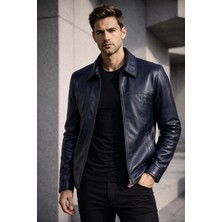 Viamod Leather Erkek Hakiki Deri Ceket Lacivert Premium Slim Fit Klasik Model Gerçek Deri Mont Üretici Garantili