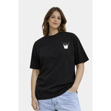 Camblys Unisex Graffiti Taç Ön Baskılı Oversize Kalın Kumaş Bol Kesim Pamuklu T-Shirt