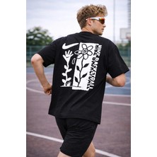 Camblys Unisex Çicek Eksitme Sırt Baskılı Oversize Kalın Kumaş Bol Kesim Pamuklu T-Shirt