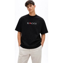 Camblys Unisex Gucii Comme Des Garçons Logo Yazılı Ön Baskılı Oversize Kalın Kumaş Bol Kesim Pamuklu T-Shirt