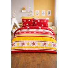 Vionetta Golden Star Sarı Kırmızı  Yıldız Desenli 2 Yastıklı Lastikli Çarşaflı Tek Kişilik Nevresim Takımı