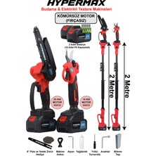 3’lü Set Çift Akülü 10 Pilli Kömürsüz Teleskopik Kollu Bağ Budama Makası ve Budama Testeresi