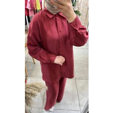 Nuss 1081 Kendinden Çizgili Pantolonlu Takım Red Plum