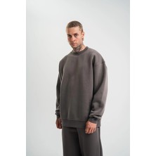 Erkek Uzun Kol Bisiklet Yaka 3 Iplik Pamuklu Kışlık Sweatshirt  - Füme