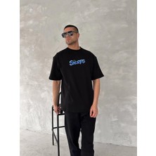 Erkek Baskılı Oversize Bisiklet Yaka T-Shirt- Siyah