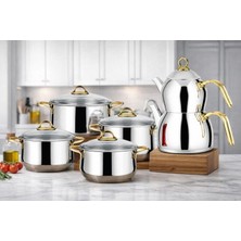 Lines Pırıl 8 Parça Çelik Tencere Seti + Aycan Orta Boy Çaydanlık | Paslanmaz Çelik Mutfak & Çeyiz Seti Avantajlı Set