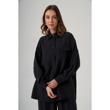 Nuss 1063 Tek Cep Kapak Detaylı Tencel Kumaş Gömlek Yaka Pantolonlu Takım Siyah