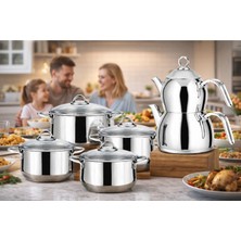 Lines Pırıl 8 Parça Çelik Tencere Seti + Aycan Orta Boy Çaydanlık | Paslanmaz Çelik Mutfak & Çeyiz Seti Avantajlı Set