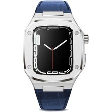 Zore Apple Watch 7 45MM Uyumlu Kordon Deri Kordon Metal Kasa Korumalı Luxury Krd-67 Kayış