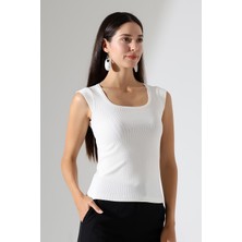 Şiir Leon Slim Fit U Yaka Ay Kollu Esnek Basic Kaşkorse Kadın Top & Bluz & Tshirt - Ekru
