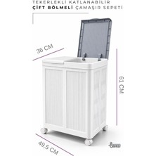 Surface Home Tekerlekli Çift Bölmeli Çamaşır Sepeti (Beyaz- Gri)