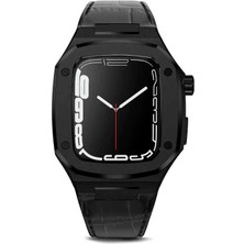 Zore Apple Watch 7 45MM Uyumlu Kordon Deri Kordon Metal Kasa Korumalı Luxury Krd-67 Kayış