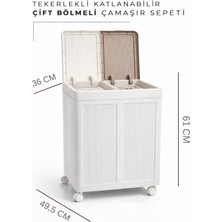 Surface Home Tekerlekli Çift Bölmeli Çamaşır Sepeti (Krem-Kahverengi)