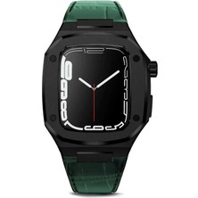 Zore Apple Watch 7 45MM Uyumlu Kordon Deri Kordon Metal Kasa Korumalı Luxury Krd-67 Kayış