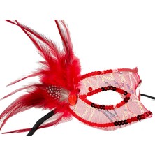 İsmiyle Al Kırmızı Yandan Tüylü Payetli Parti Maskesi