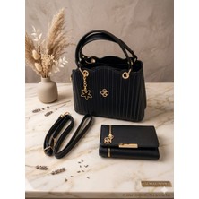 Yumuşak Dokulu Günlük Siyah Kadın Kol ve Omuz Çantası - Cüzdan