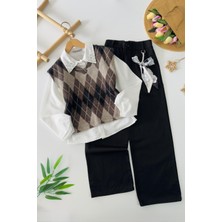 Miniğimin Cicileri Inci Yaka Detaylı Baklava Desen Süveterli Gömlekli Kız Çocuk 3 Lü Takım - Siyah