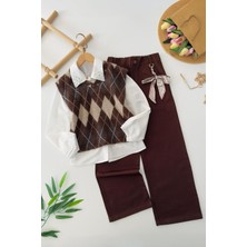 Miniğimin Cicileri Inci Yaka Detaylı Baklava Desen Süveterli Gömlekli Kız Çocuk 3 Lü Takım - Acı Kahve