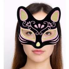 İsmiyle Al Siyah Renk Süet Kaplama Üzeri Sarı Pembe Simli Kedi Maskesi 17X14 cm