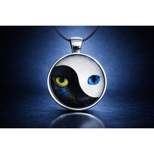 Cam Kaplama Siyah Çelik Zincir Kedi Gözü Tasarımlı Yin Yang Kolye