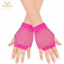 NW NessiWorld 80’ler 90’lar Retro Neon Fuşya Şeker Pembesi File Parmaksız Kısa Eldiven 11 cm