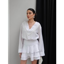 Esra Helvacı Dantel Şerit Fırfırlı Mini Şortlu Elbise