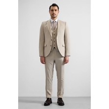 Süvari Bej Slim Fit Sivri Yaka 6 Drop Yelekli Takım Elbise Erkekler İçin Şık Seçim