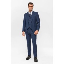Süvari Lacivert Slim Fit Sivri Yaka 6 Drop Yelekli Takım Elbise Erkekler İçin Şık Tasarım