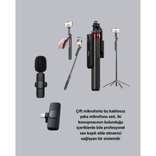 İsmiyle Al Kablosuz Çift Yaka Mikrofonu ve Tripodlu Selfie Çubuğu Içerik Üretici Seti