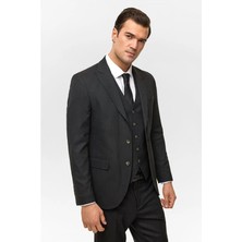 Süvari Siyah Slim Sivri Yaka 6 Drop Yelekli Takım Elbise